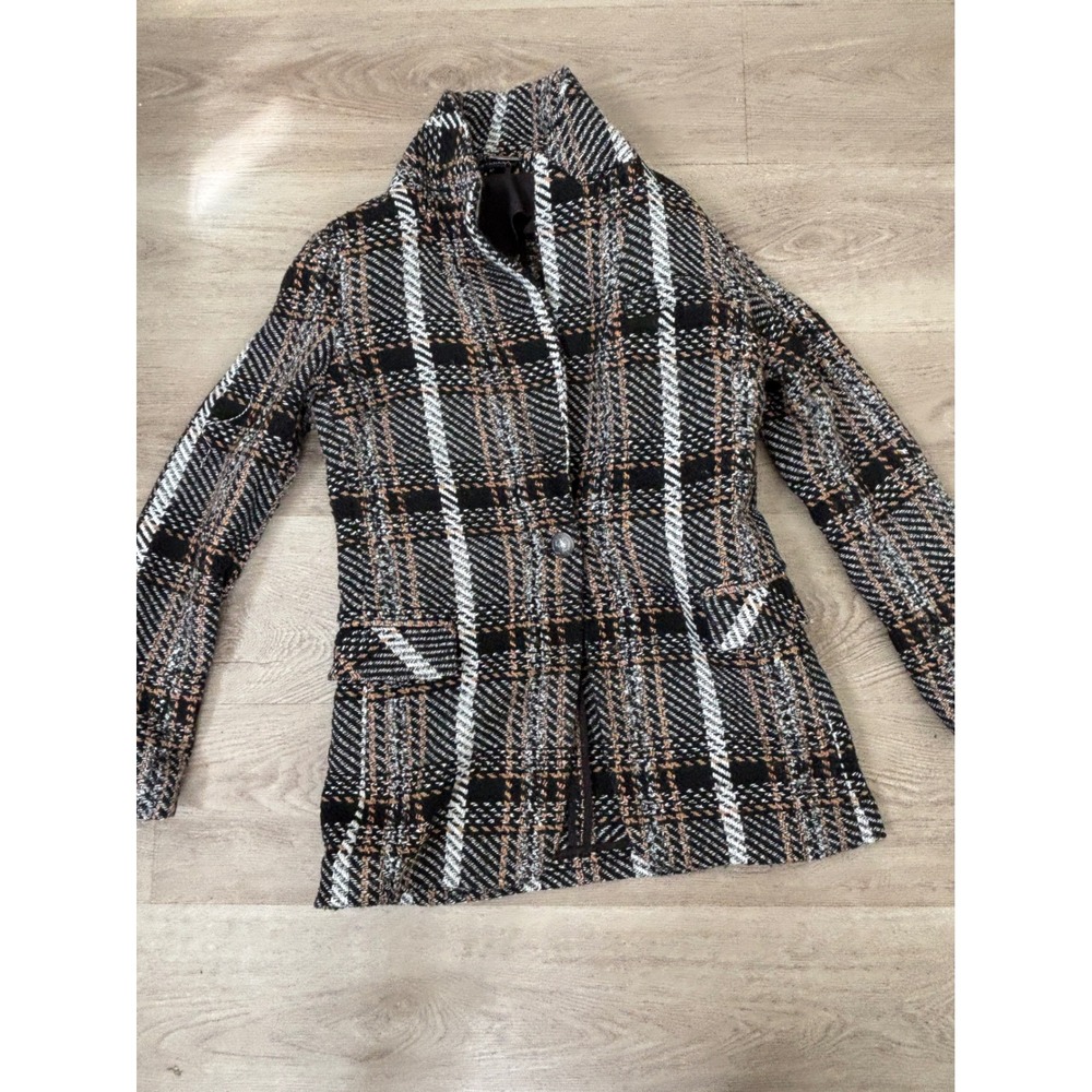 Elie Tahari Plaid Tweed Blazer Jacket Black White Orange Single Button Tailored
